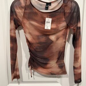 Windsor Brown Tie-Dye Sheer Ruched Long Sleeve Top